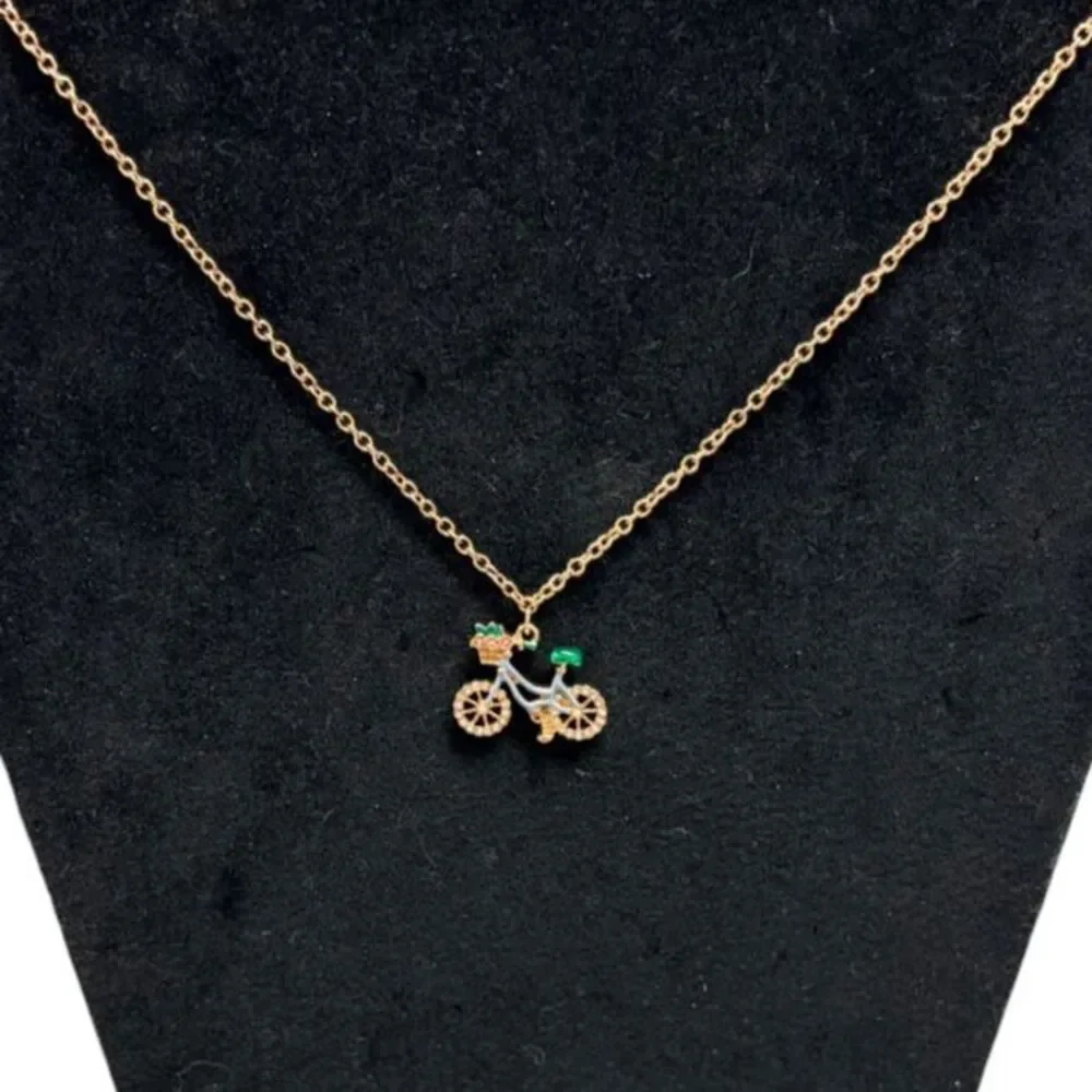 J.Crew Whimsical Blue Enamel Rhinestone Bicycle Pendant Gold Tone Chain Necklace